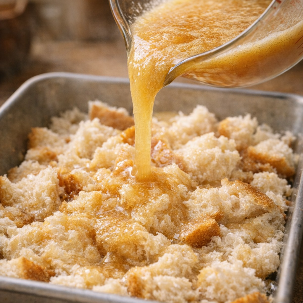 Vanilla butter sugar mixture being poured over torn bread