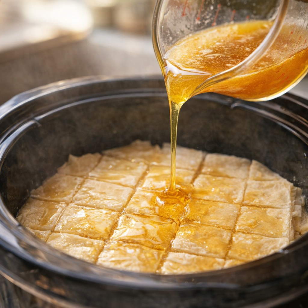 Honey butter mixture being poured over scored phyllo