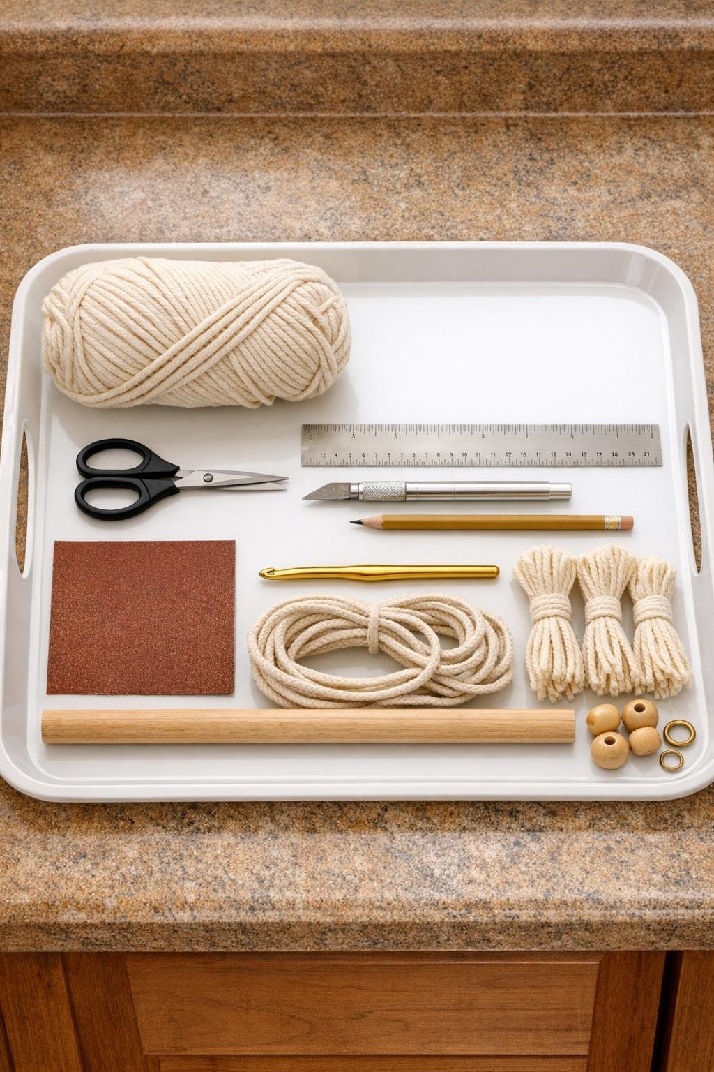 Materials for a crochet wall hanging made from a white plastic serving tray and cotton yarn