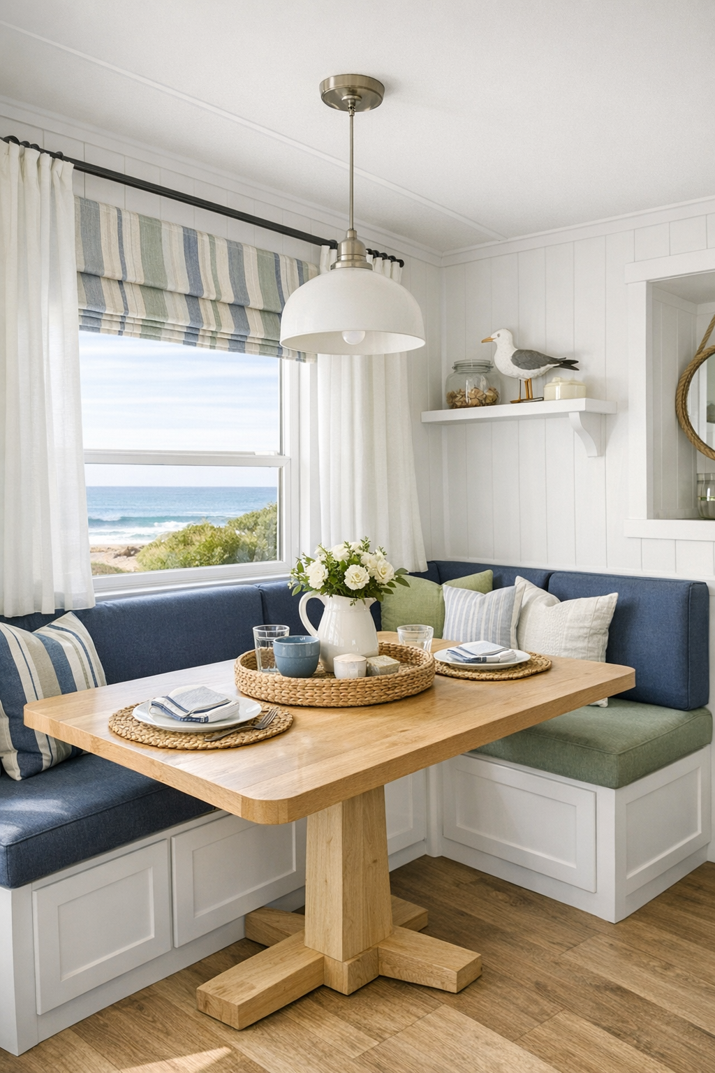 Coastal dining nook with built-in banquette and light wood table