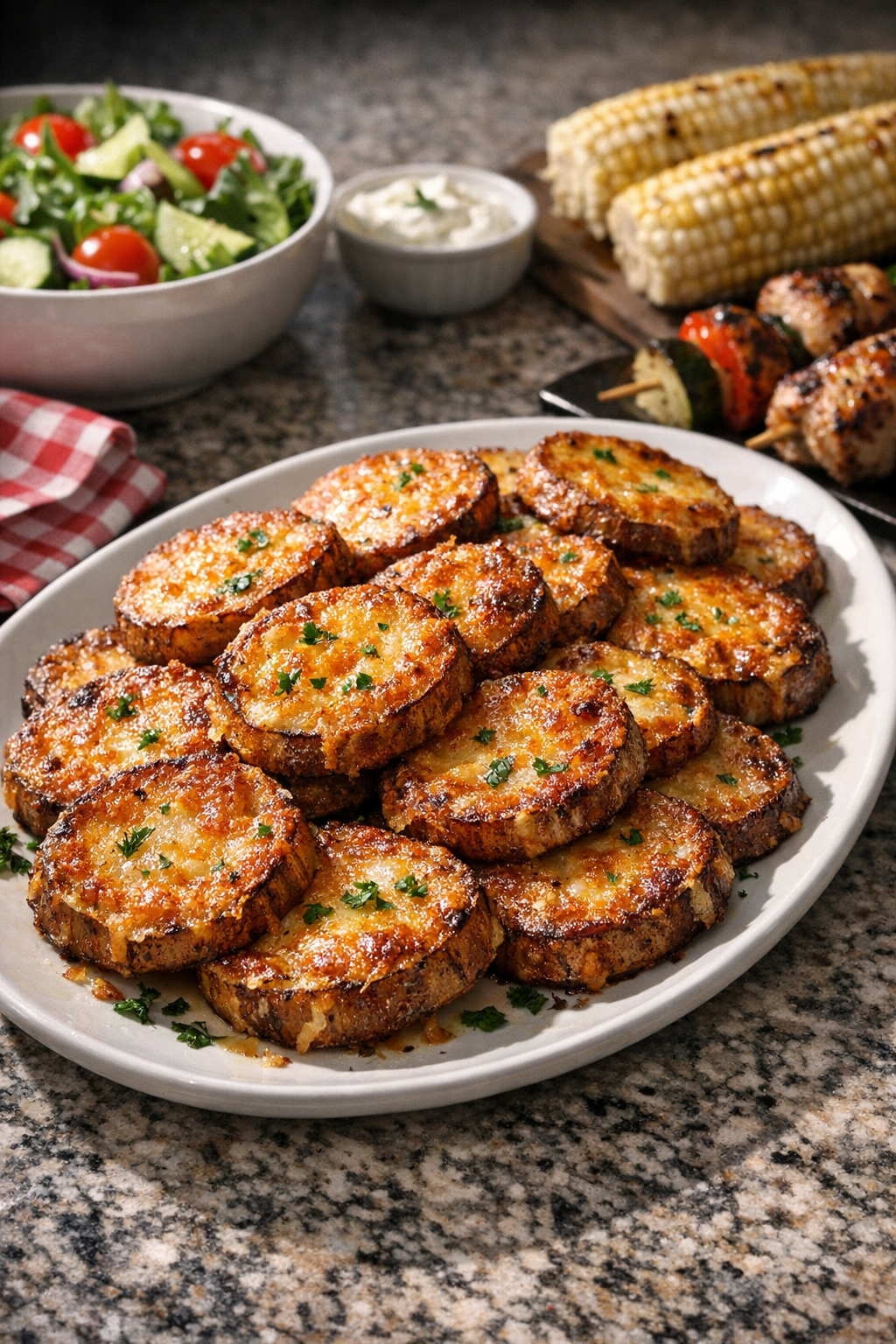 Plated crispy cheese potato rounds ready to serve