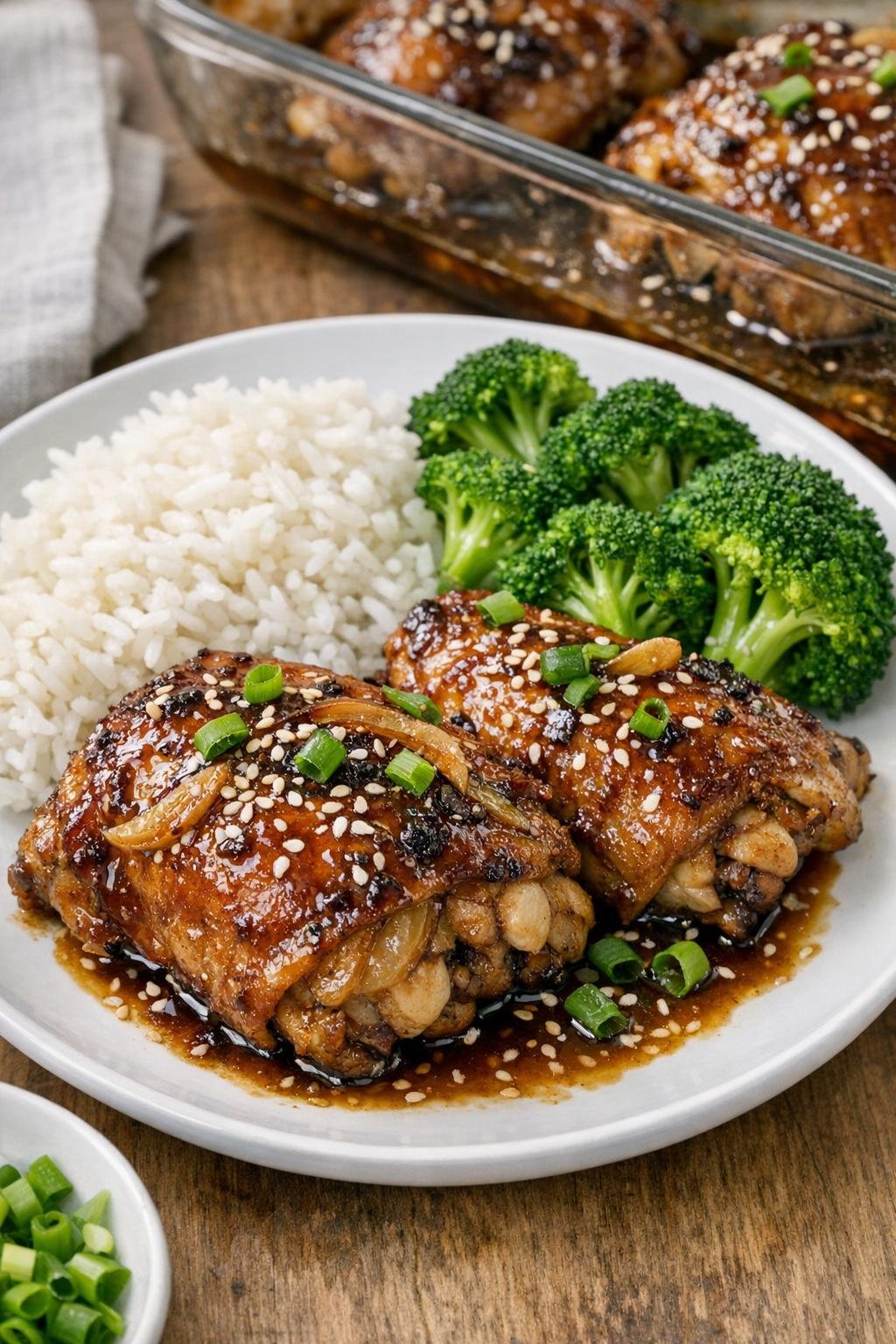 Finished teriyaki glazed chicken thighs plated for dinner