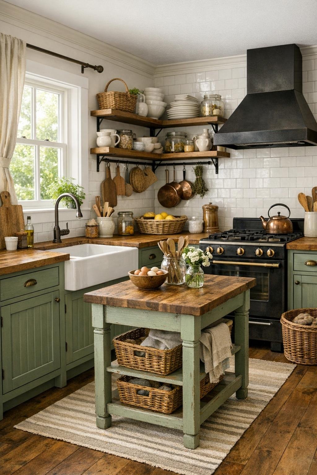 Warm cottage kitchen with sage cabinets and butcher block counters