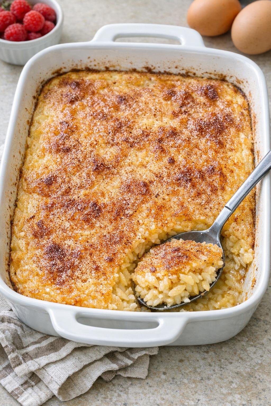 Finished baked orzo dessert in a ceramic casserole dish