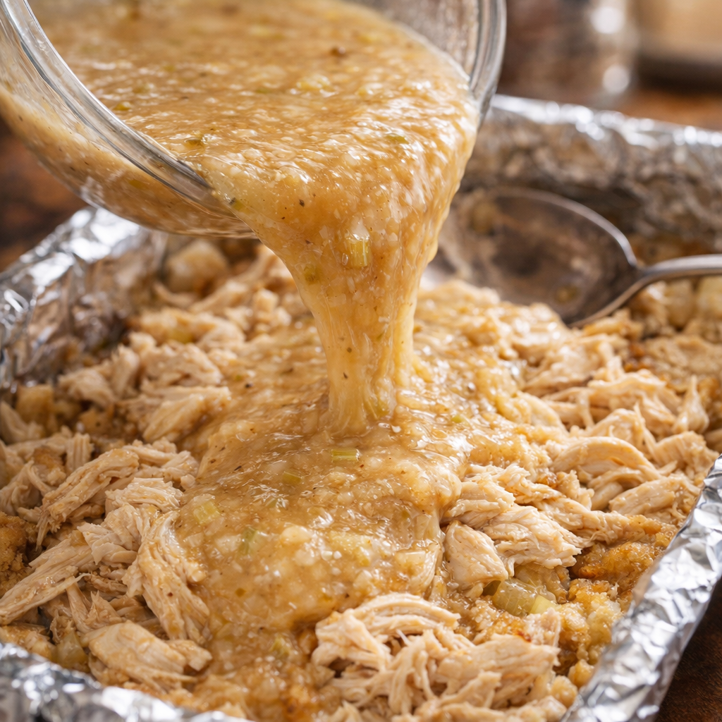 Creamy gravy mixture being poured over shredded chicken