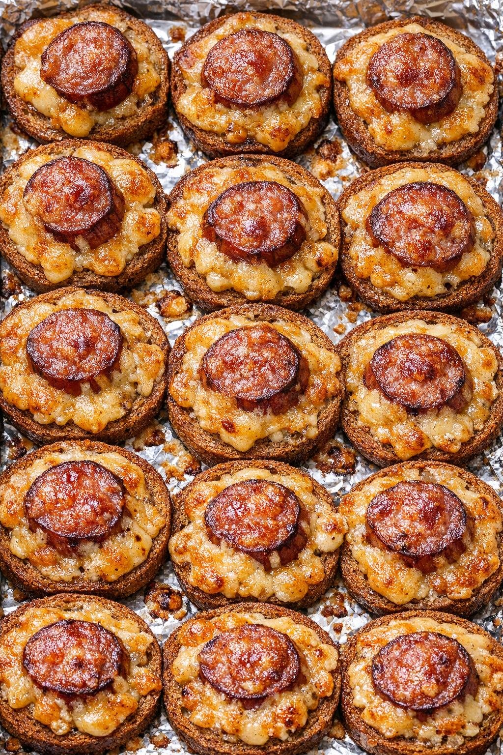 Southern 4-ingredient smoky gouda pennies on a foil-lined baking tray
