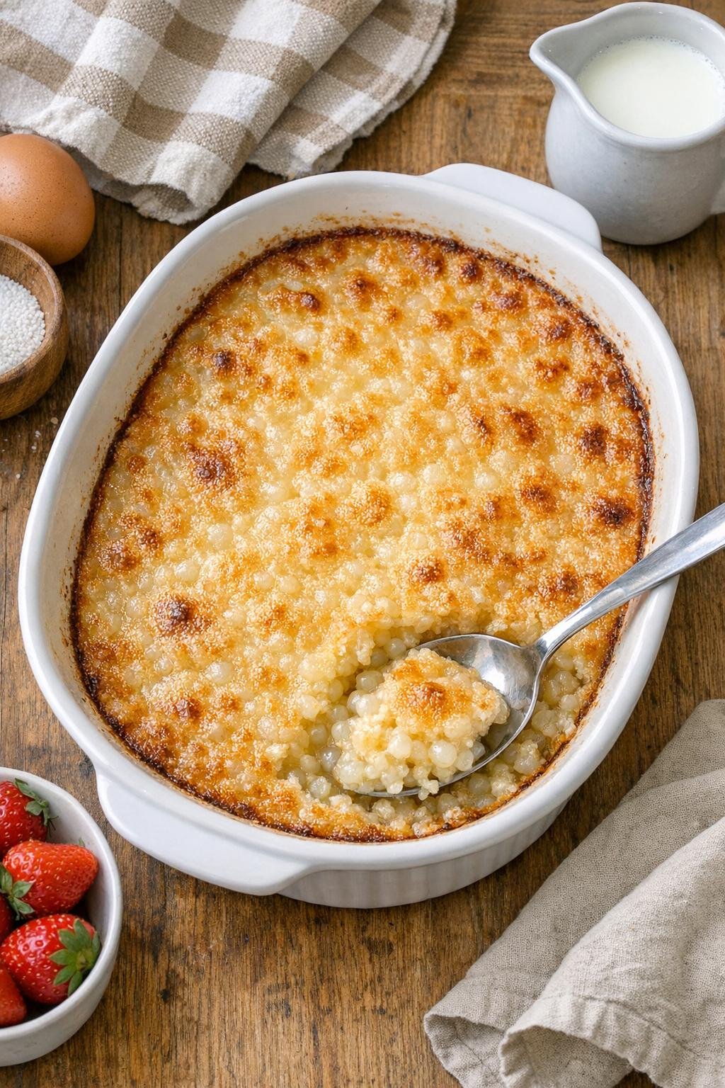 Finished baked tapioca dessert in casserole dish