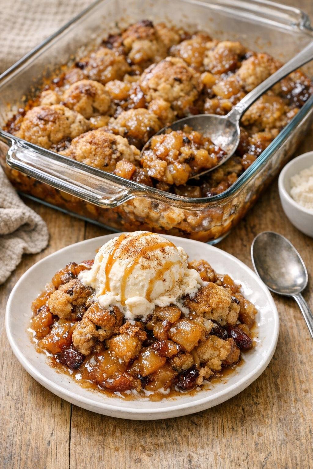 Warm baked fall cookie dessert in a glass baking dish
