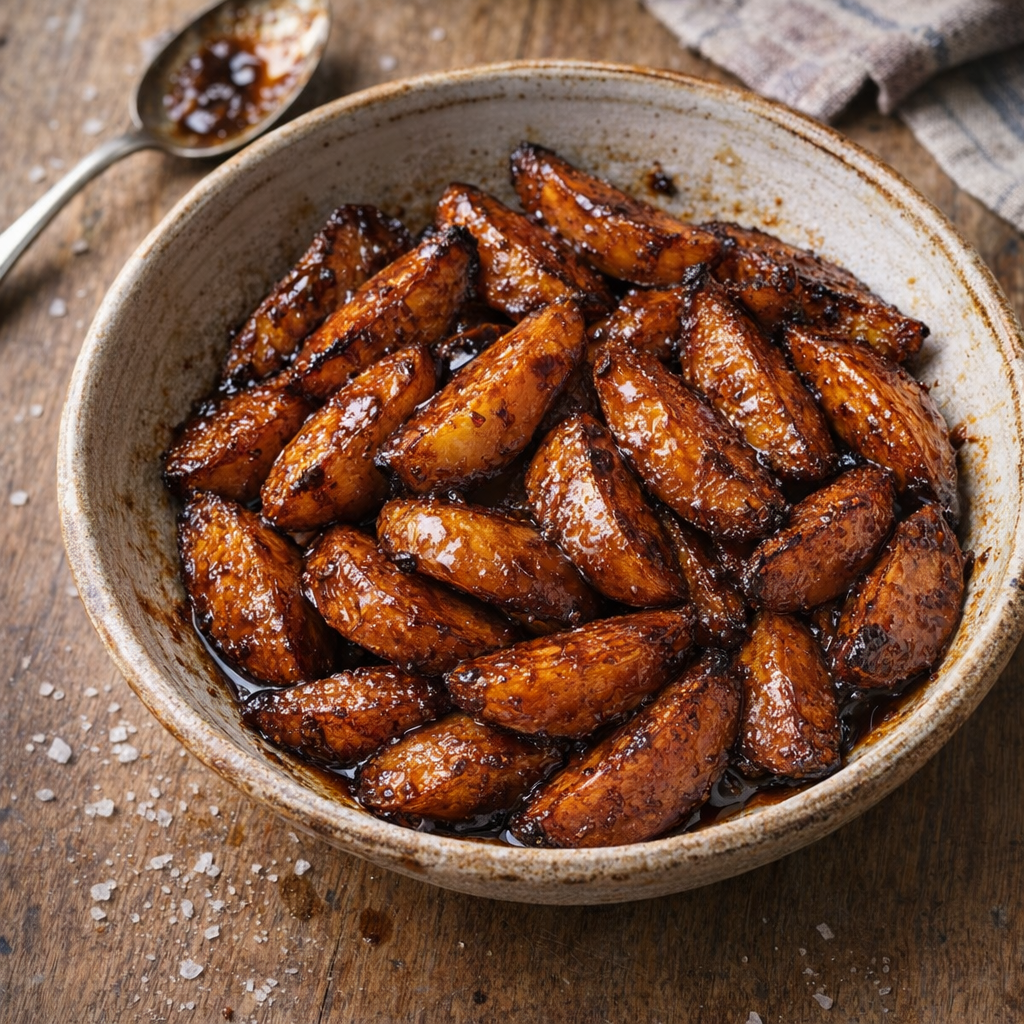 Rustic bowl of molasses-glazed potato wedges on a farmhouse table