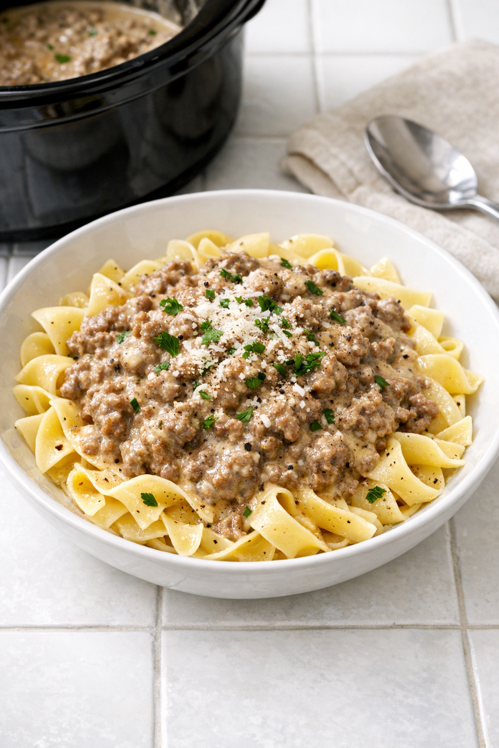 Finished slow cooker Caesar beef served over buttered noodles