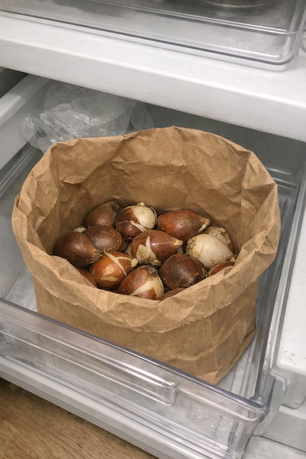 Tulip bulbs chilling in a paper bag in a refrigerator drawer