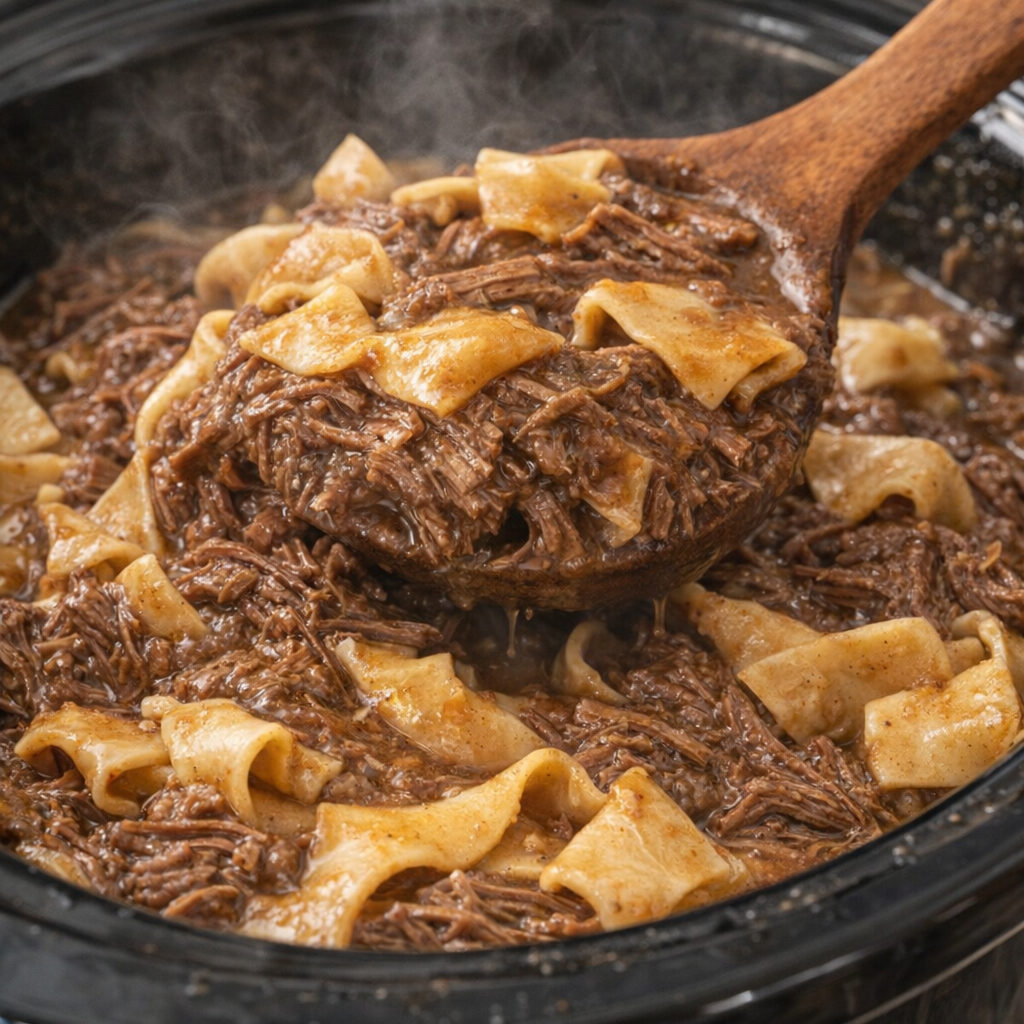 Shredded beef and egg noodles being stirred into gravy