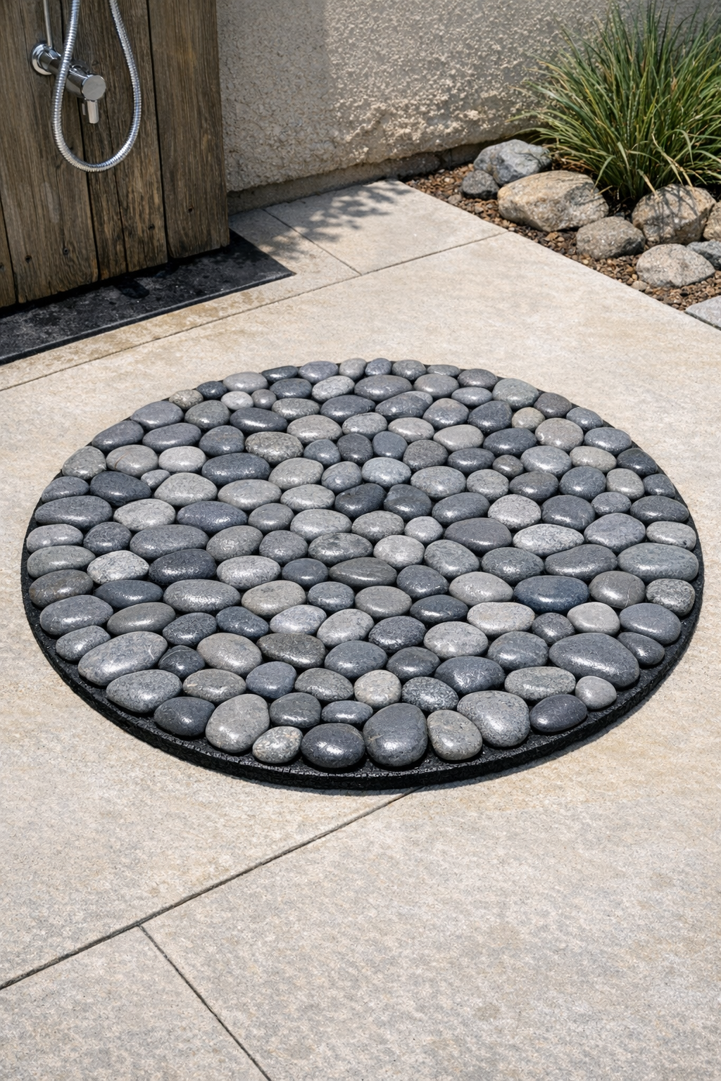 Finished round river rock shower floor mat on a patio