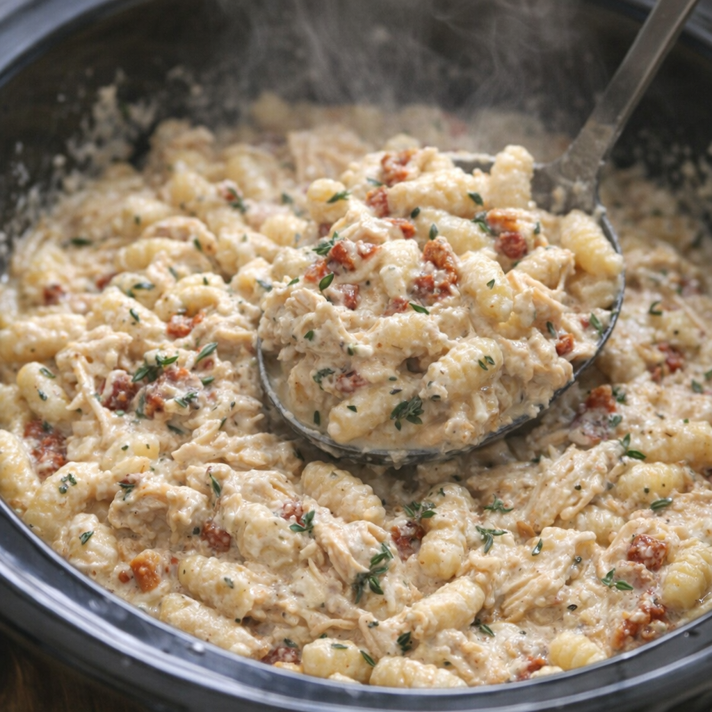 Finished creamy chicken cavatelli in slow cooker