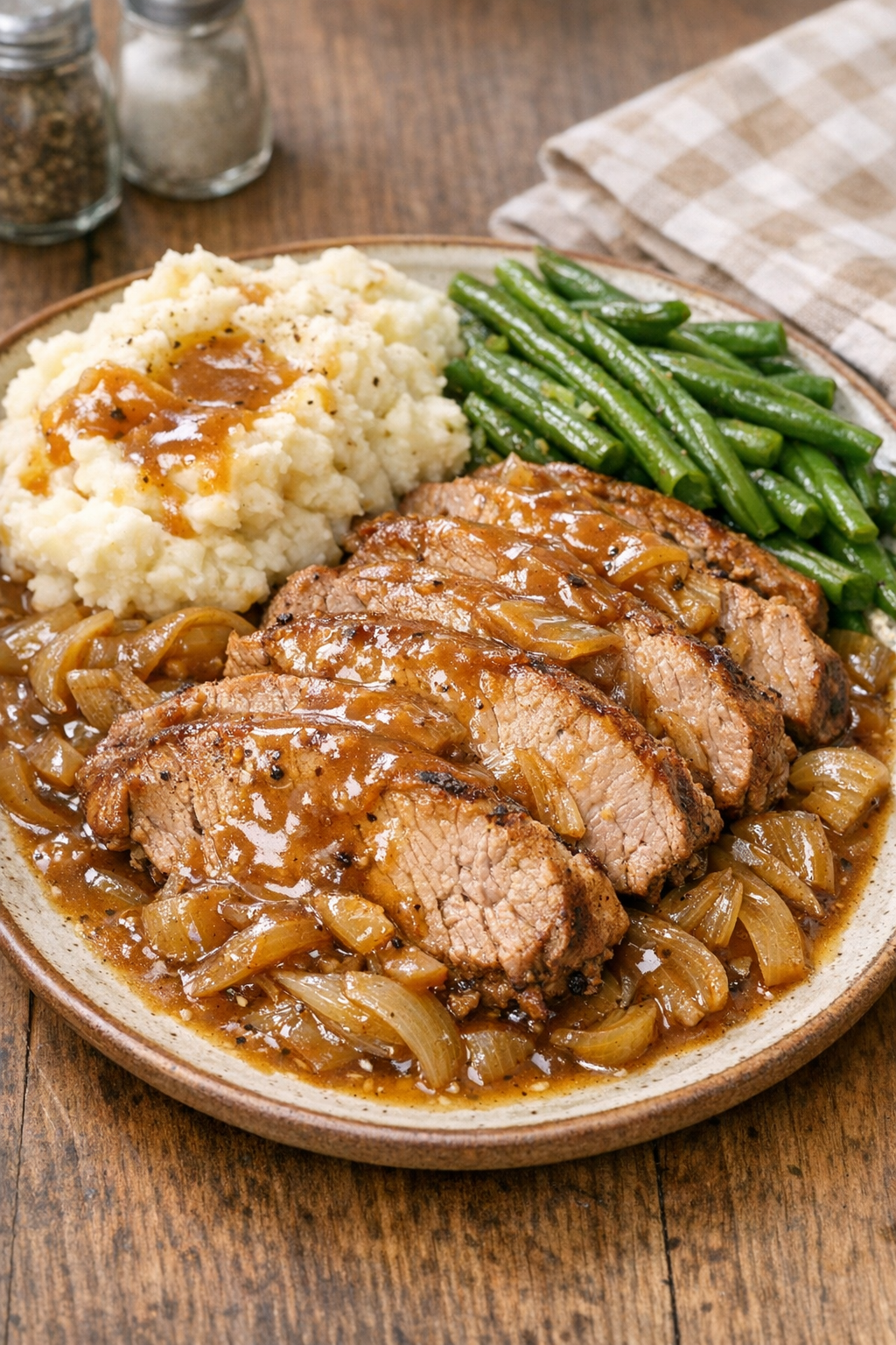 Finished plated pork roast with gravy
