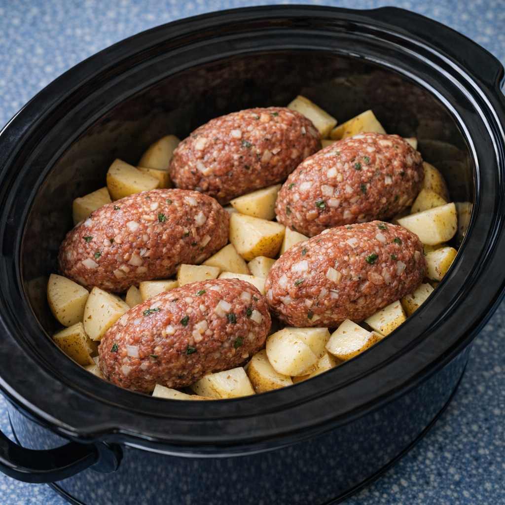 Mini meatloaves arranged over potatoes in a slow cooker