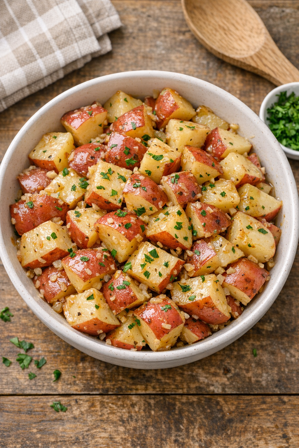 Finished slow cooker red potatoes in a serving bowl