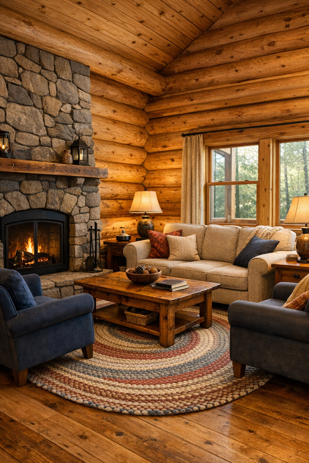 Warm log home living room with yellow pine walls, stone fireplace, and handcrafted wood furniture