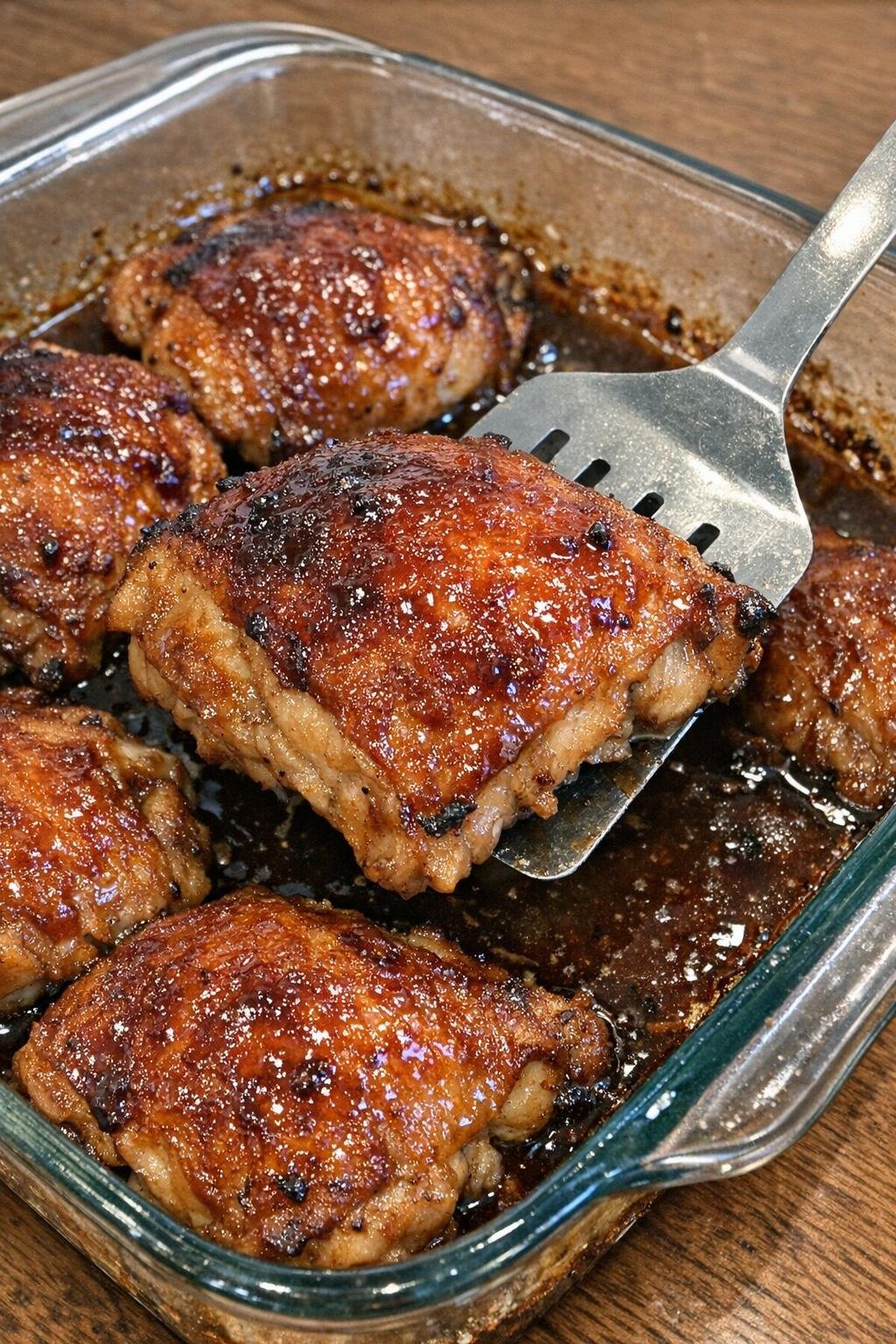 Glossy caramelized chicken thighs in a rectangular baking dish