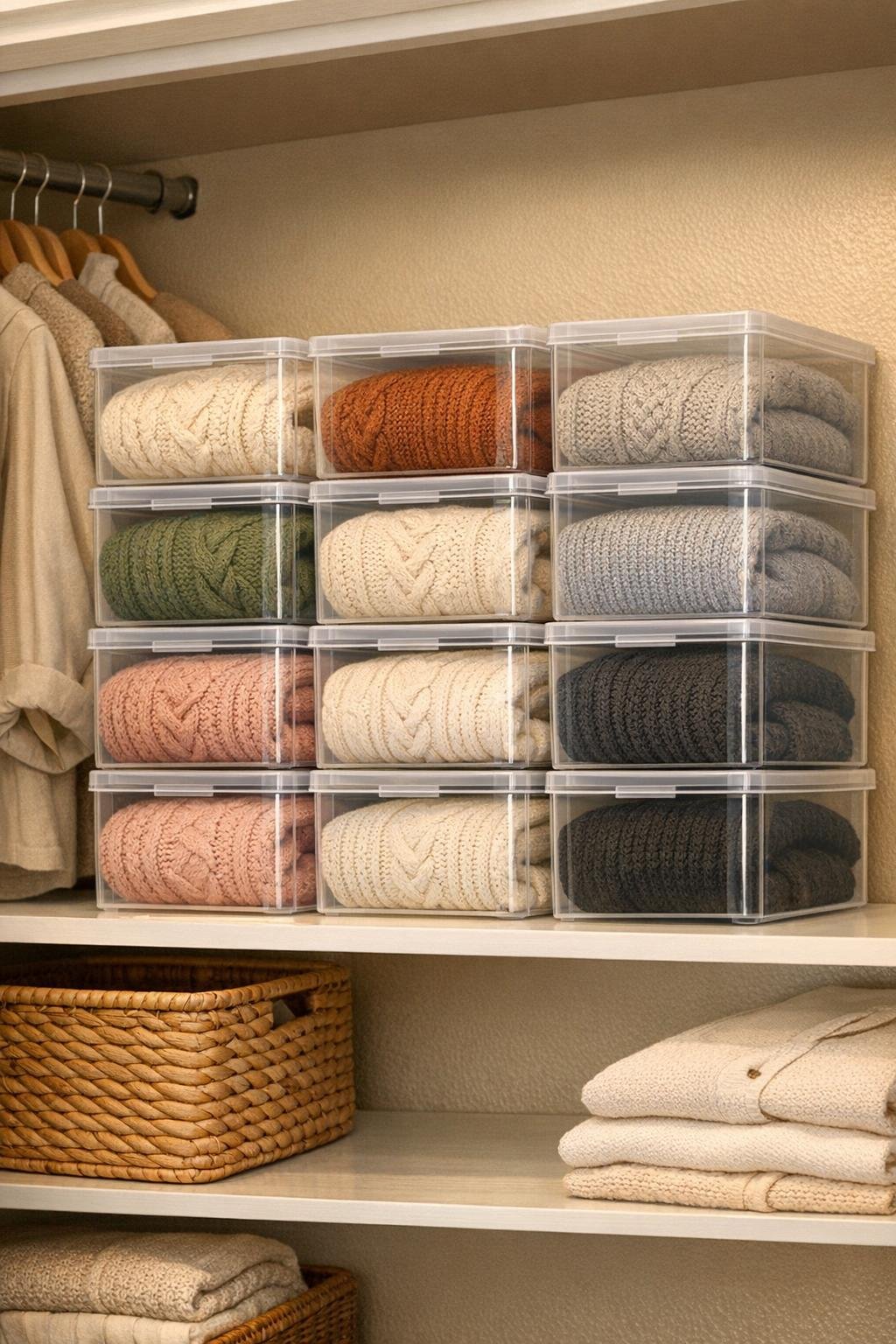 Finished sweater cubby made from clear plastic shoe boxes stacked neatly on a bedroom closet shelf