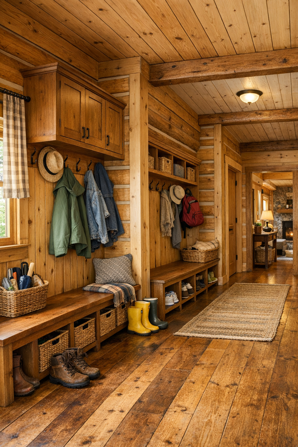 Cozy mudroom and hallway area with wood built-ins, bench seating, and rustic details