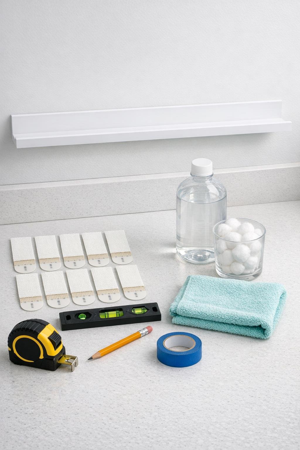 Bathroom shelf materials laid out neatly on a countertop