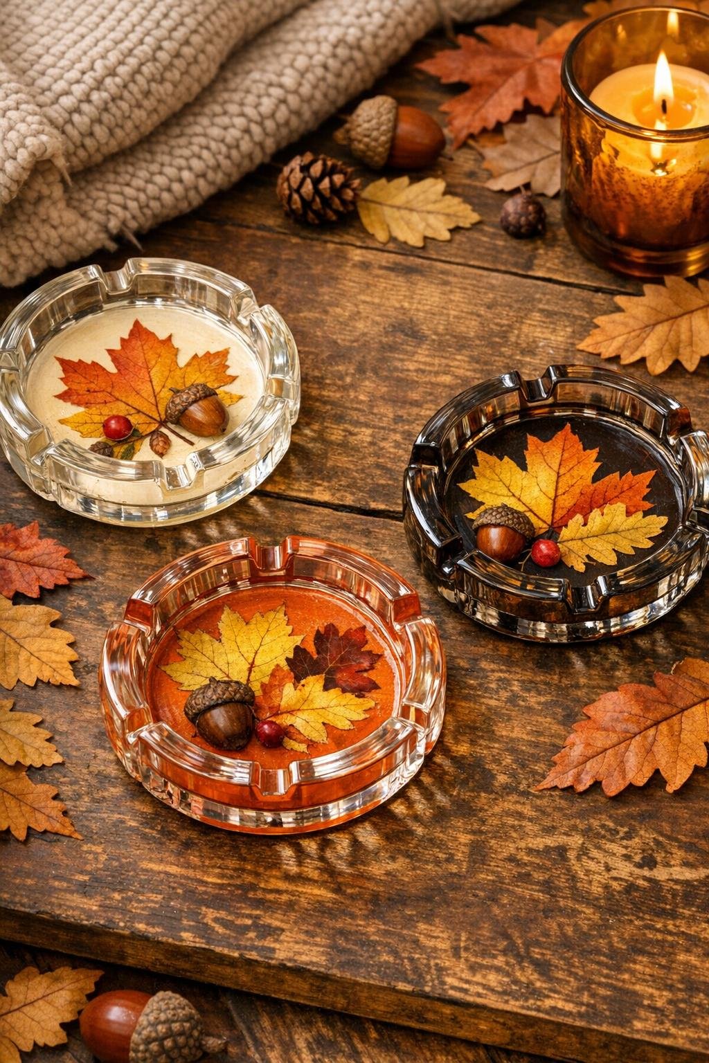 Three finished autumn trinket dishes made from old glass ashtrays