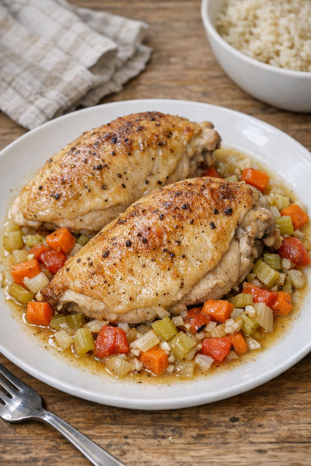 Finished baked split chicken breasts plated with pan vegetables