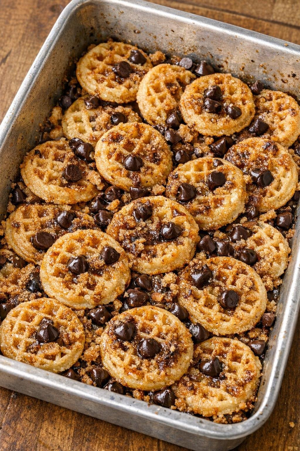 Baked miniature waffle dessert in roasting pan