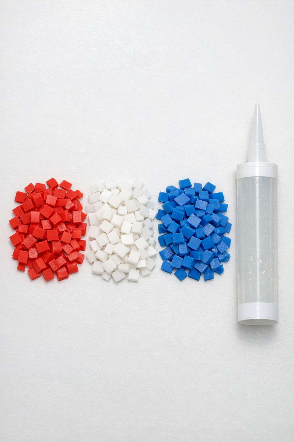 Chopped red, white, and blue silicone ice cube trays and clear adhesive laid out for the project