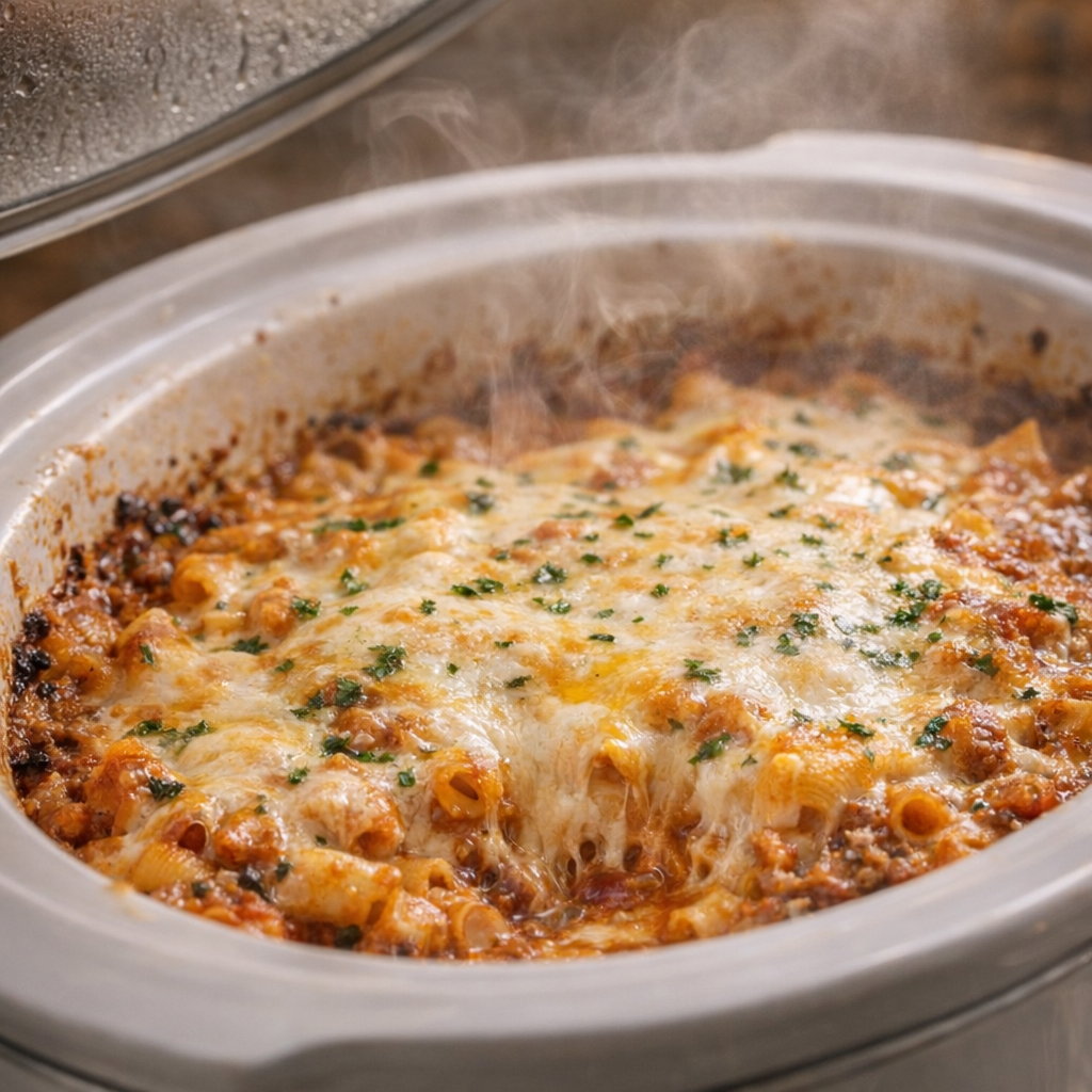 Mostaccioli med ost som tillagas i en långkokare