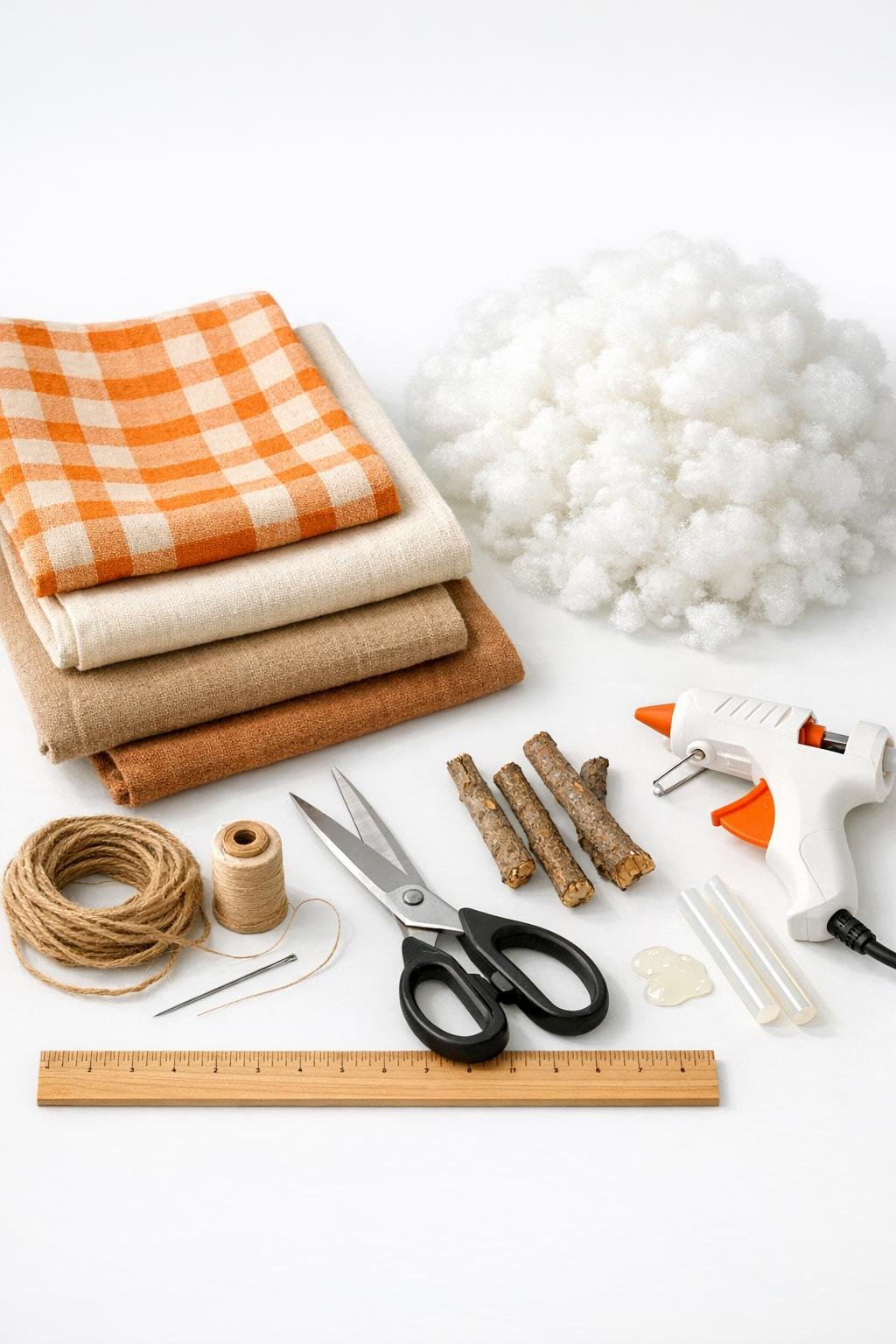 Old linen dish towels and pumpkin-making supplies laid out together