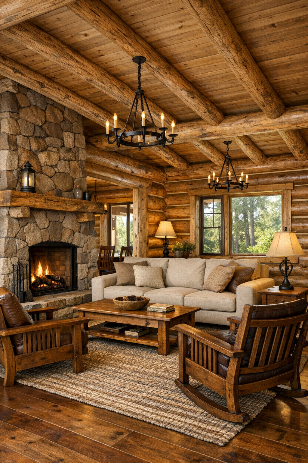 Warm log home living room with exposed beams, stone fireplace, and neutral seating