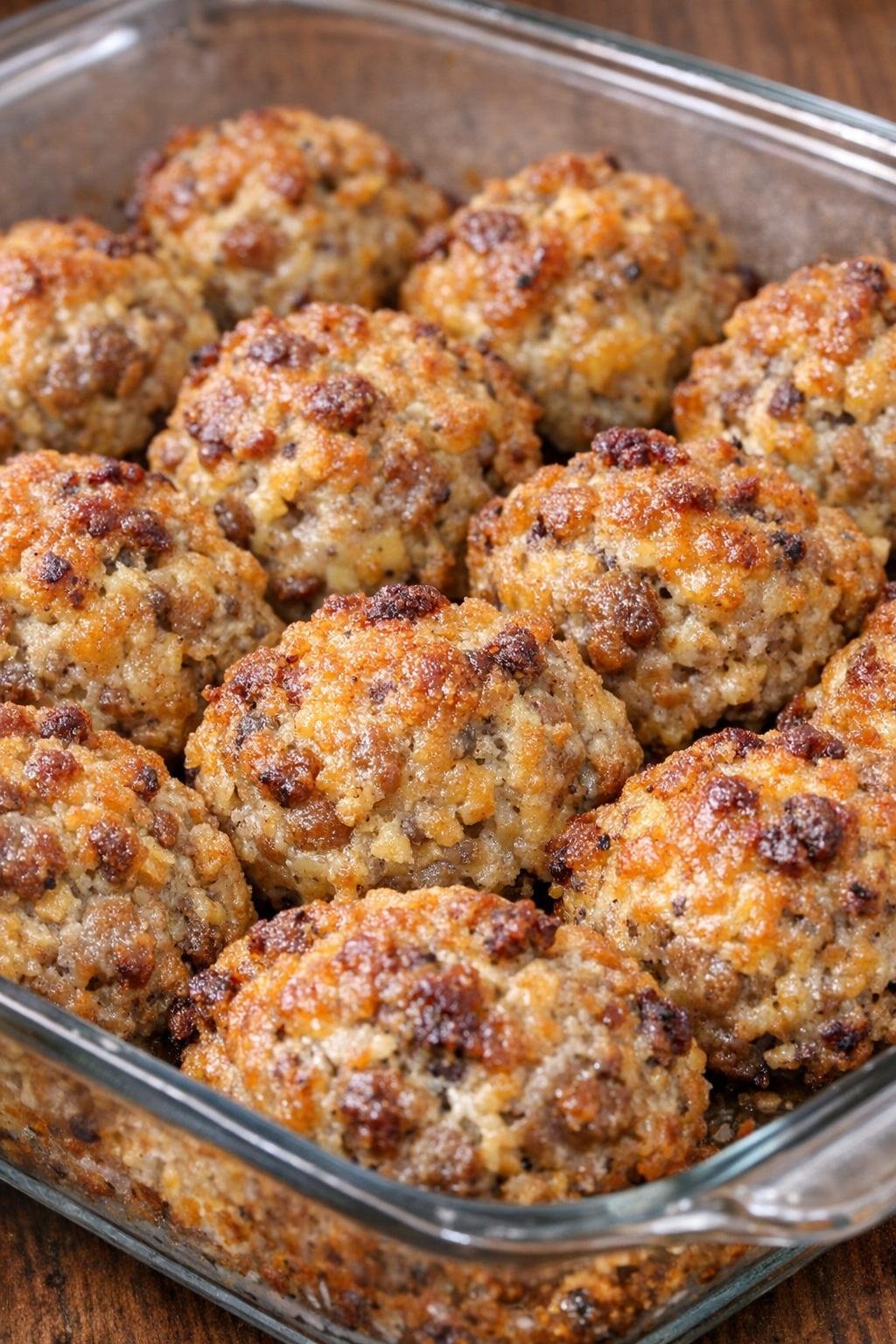 Southern sausage cream cheese bites baked until golden brown in a glass casserole dish