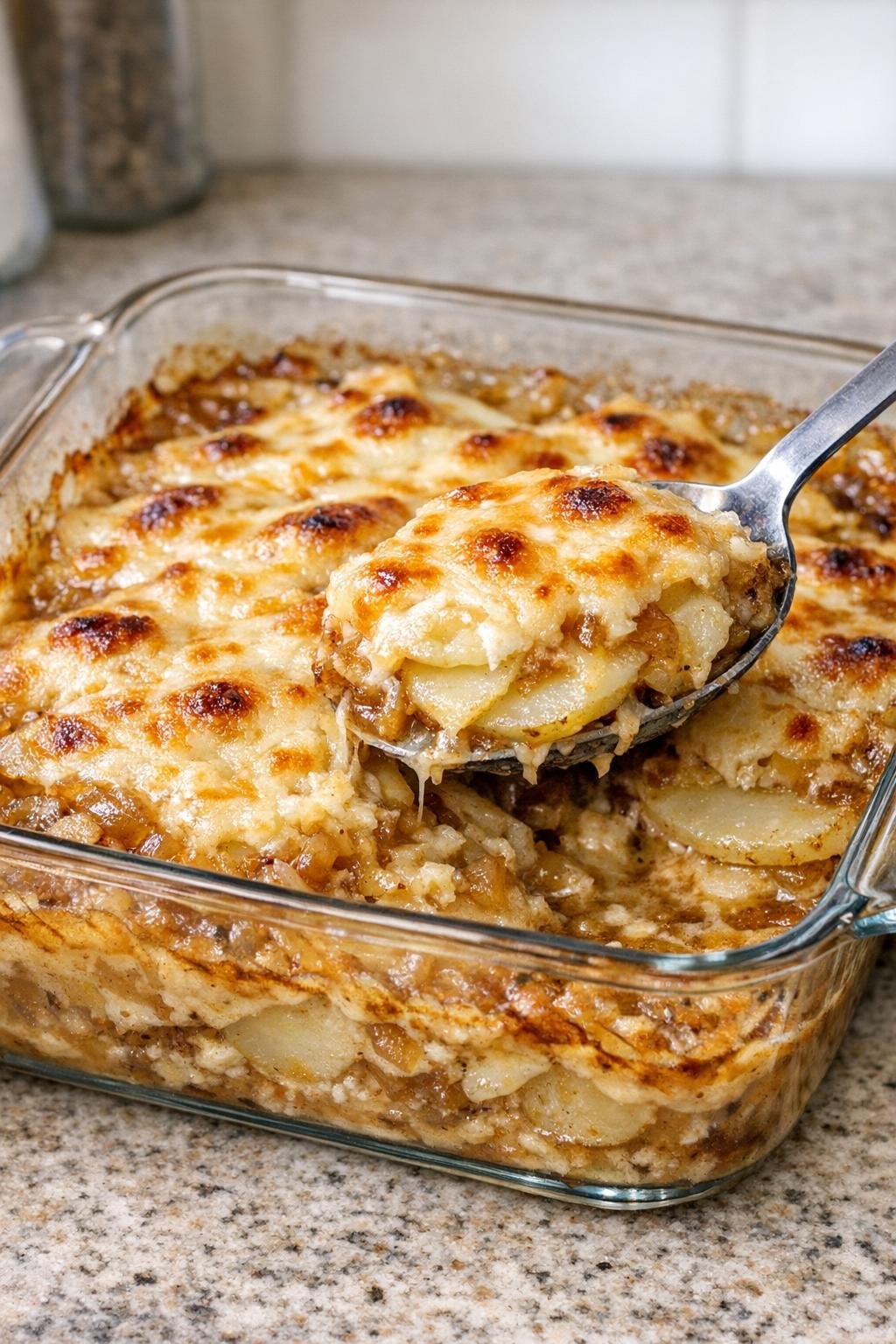 Finished French onion potato bake in a glass baking dish