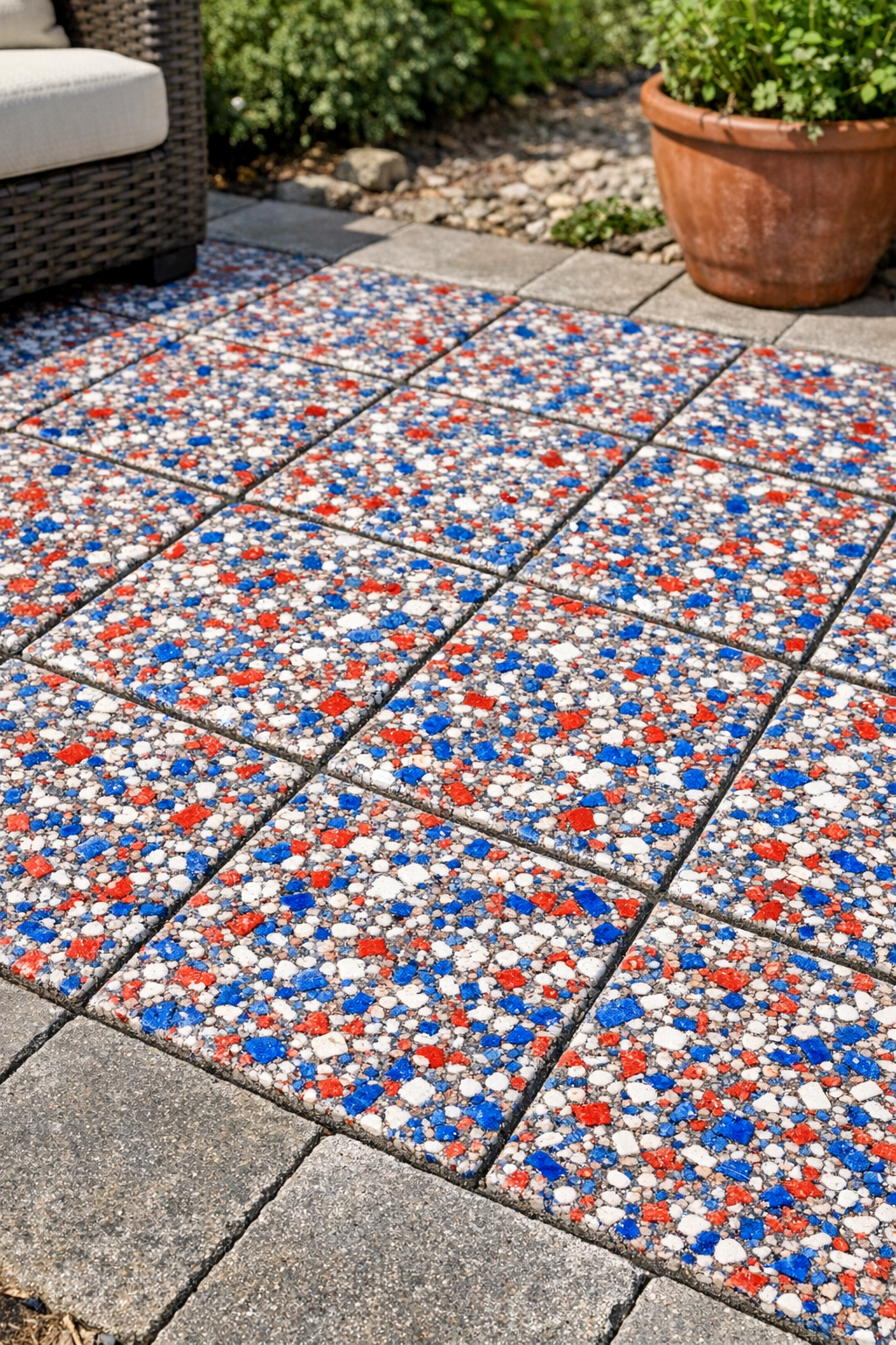 Finished red, white, and blue upcycled patio tiles arranged outdoors