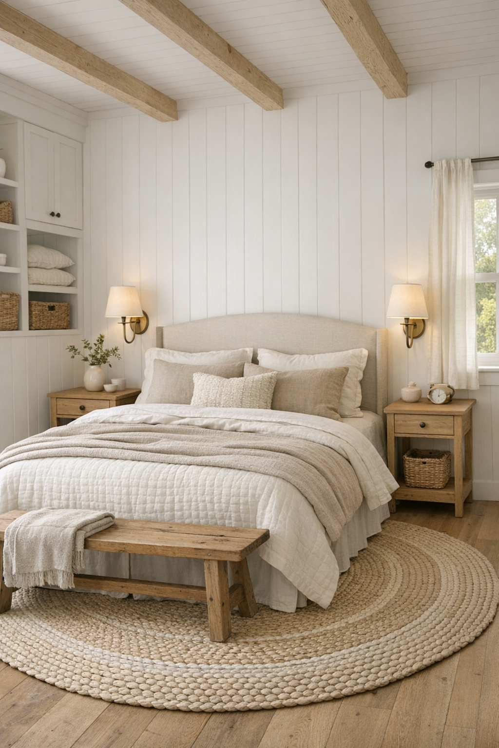 Serene farmhouse bedroom with layered neutral bedding and light wood accents