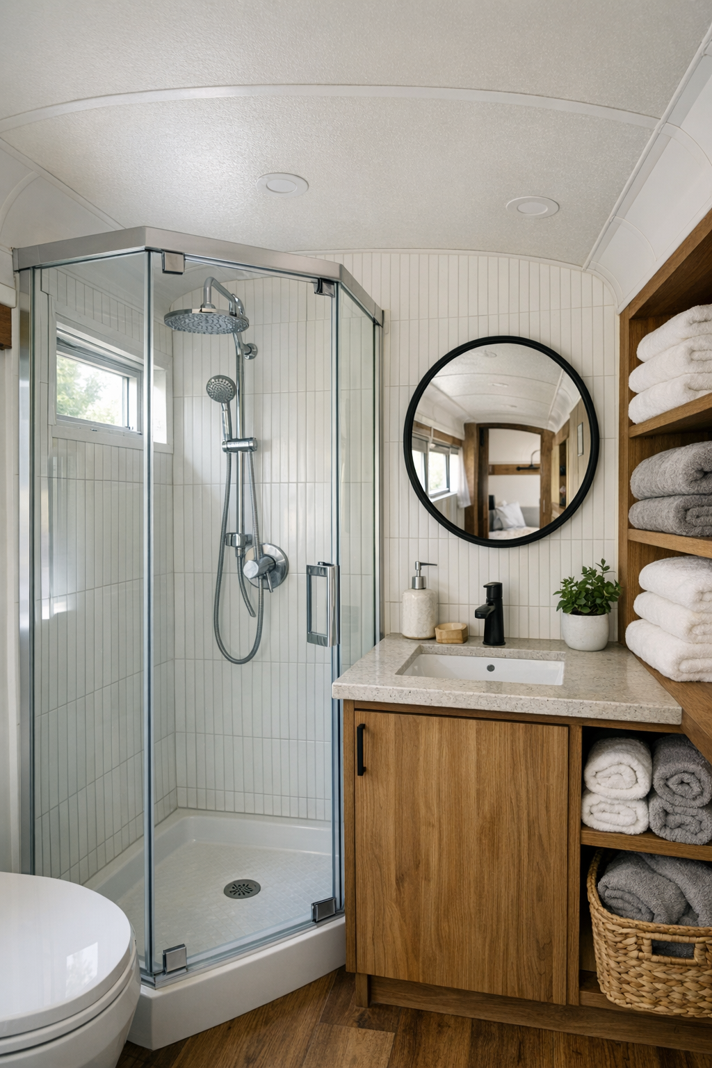 Bright small bus bathroom with white tile, a wood vanity, and a glass corner shower