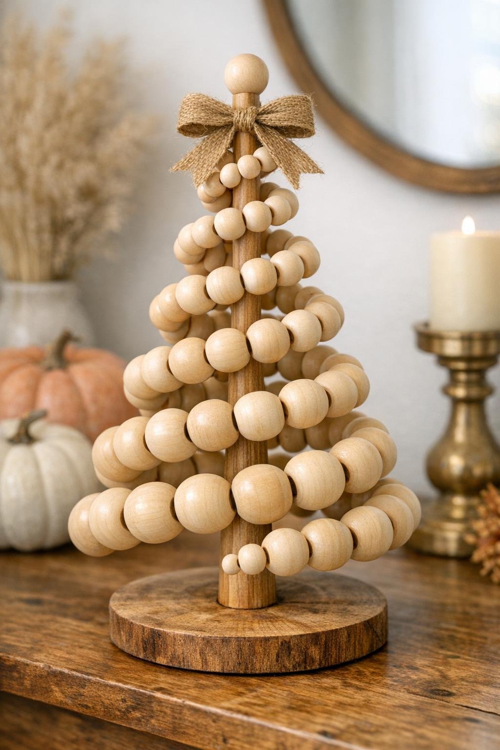 Finished DIY harvest tabletop tree made from wooden bead garlands