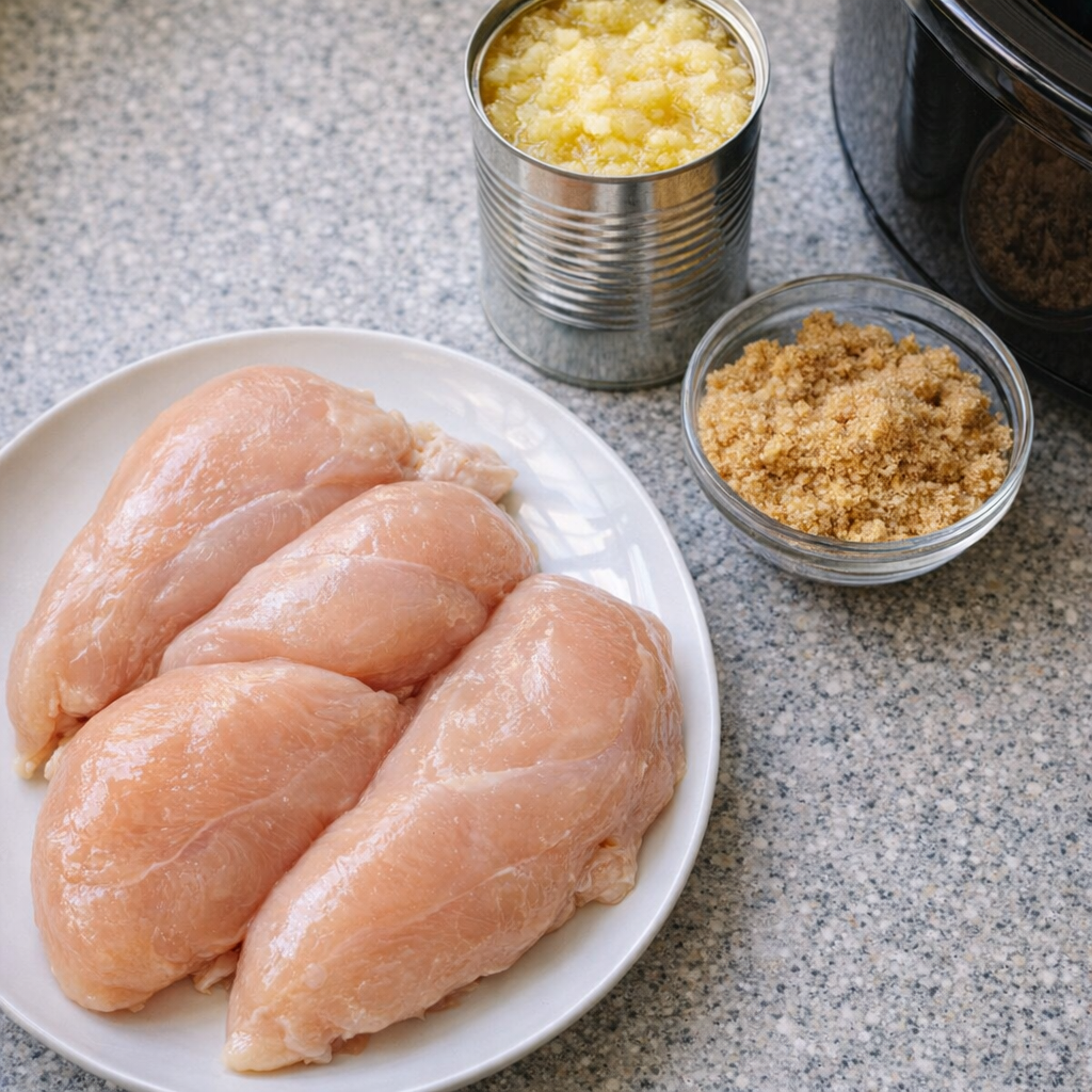 Slow cooker pineapple chicken ingredients arranged on a kitchen counter