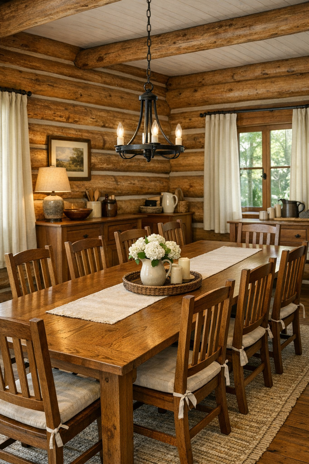 Dining room with a long oak table, slat-back chairs, and warm iron pendant lighting