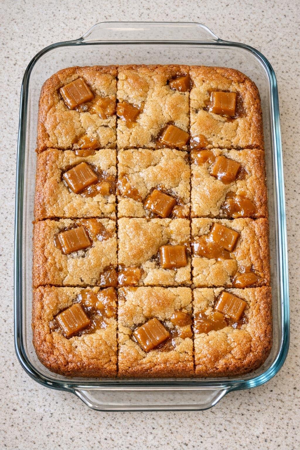 Finished butterscotch caramel blondie bars in a glass baking dish