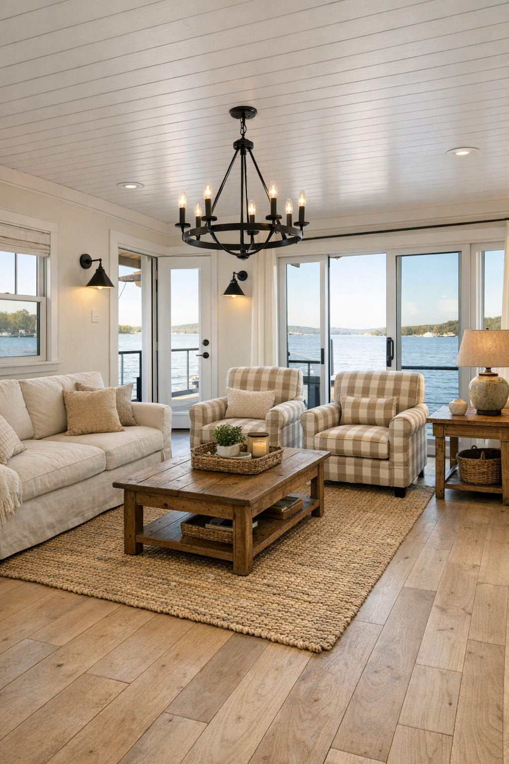 Farmhouse-style living room inside a barrier-free houseboat with pale wood floors and wide windows