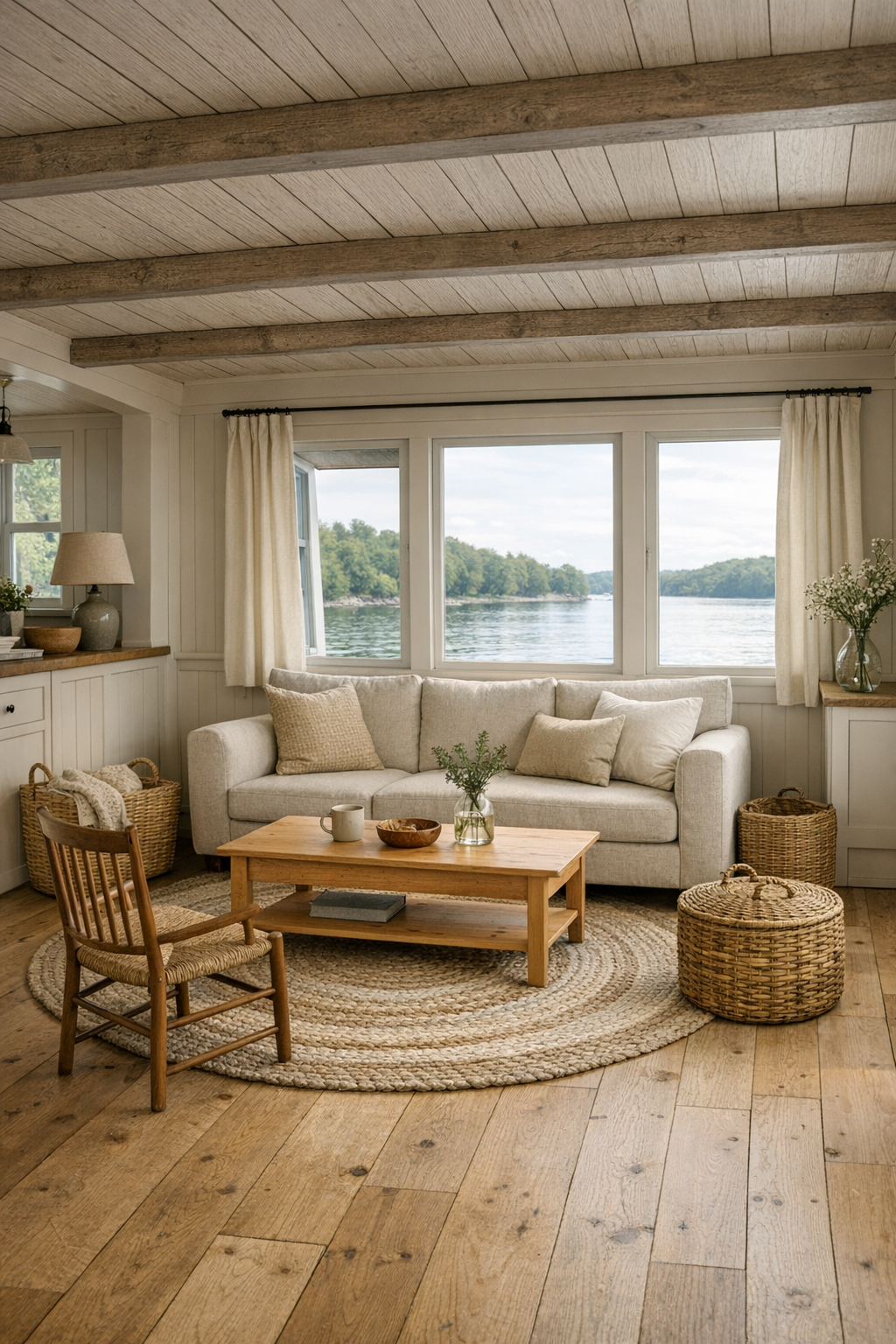Shaker style houseboat living room with pale wood floors, paneled walls, and water views