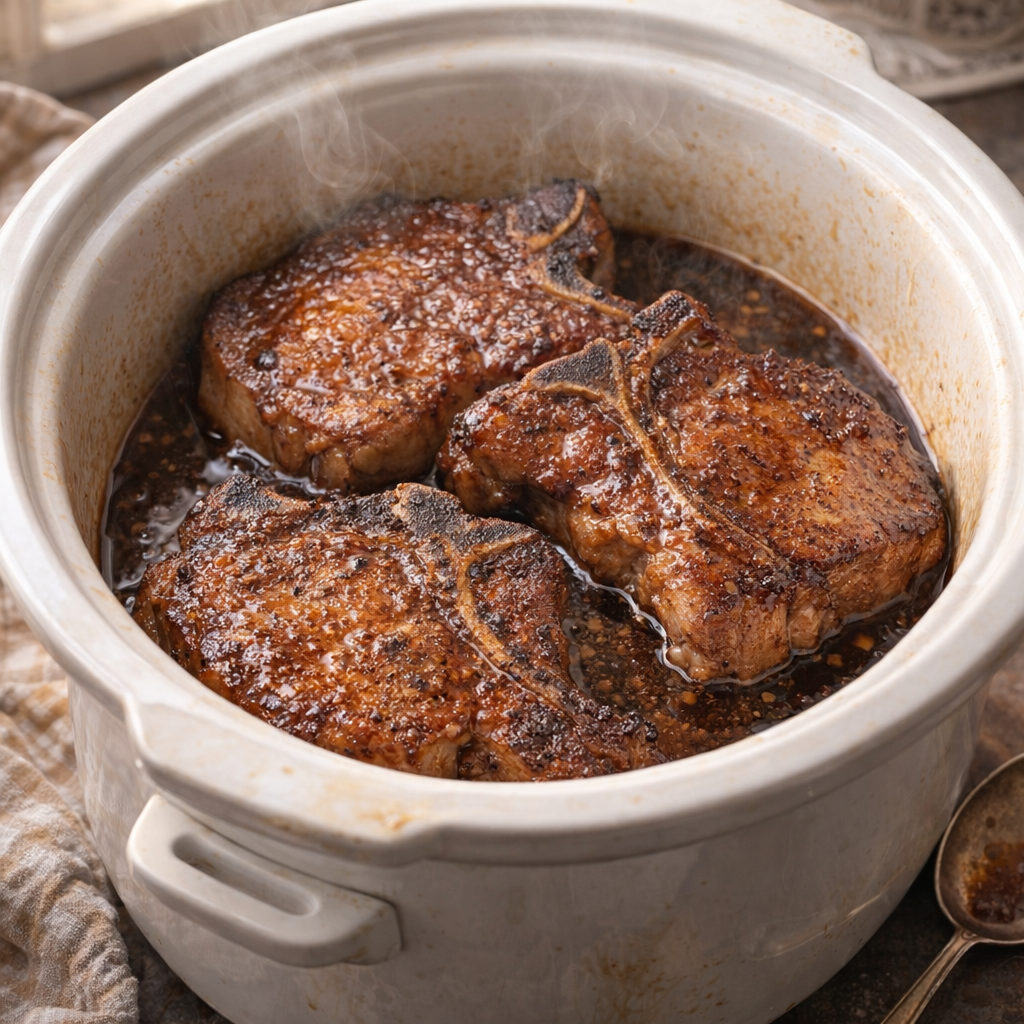 Slow cooker pork chops glazed in brown sugar sauce