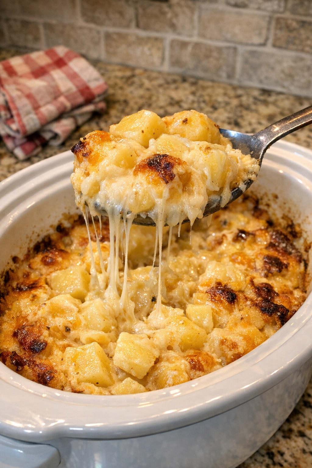 Finished cheesy Adirondack Gold potato casserole plated from the slow cooker