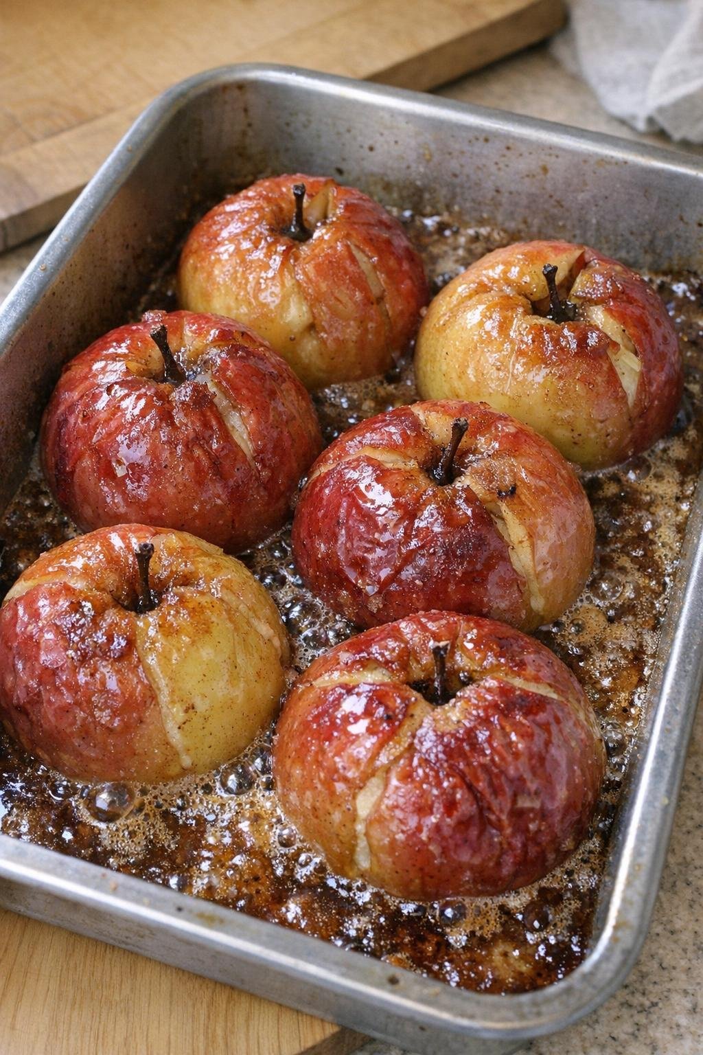 Finished baked apples in roasting pan