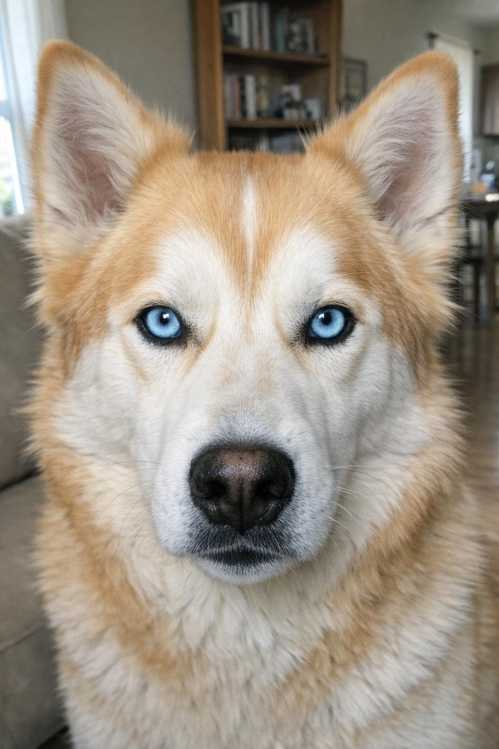 Golden dog with ice blue eyes and a faint white Husky mask