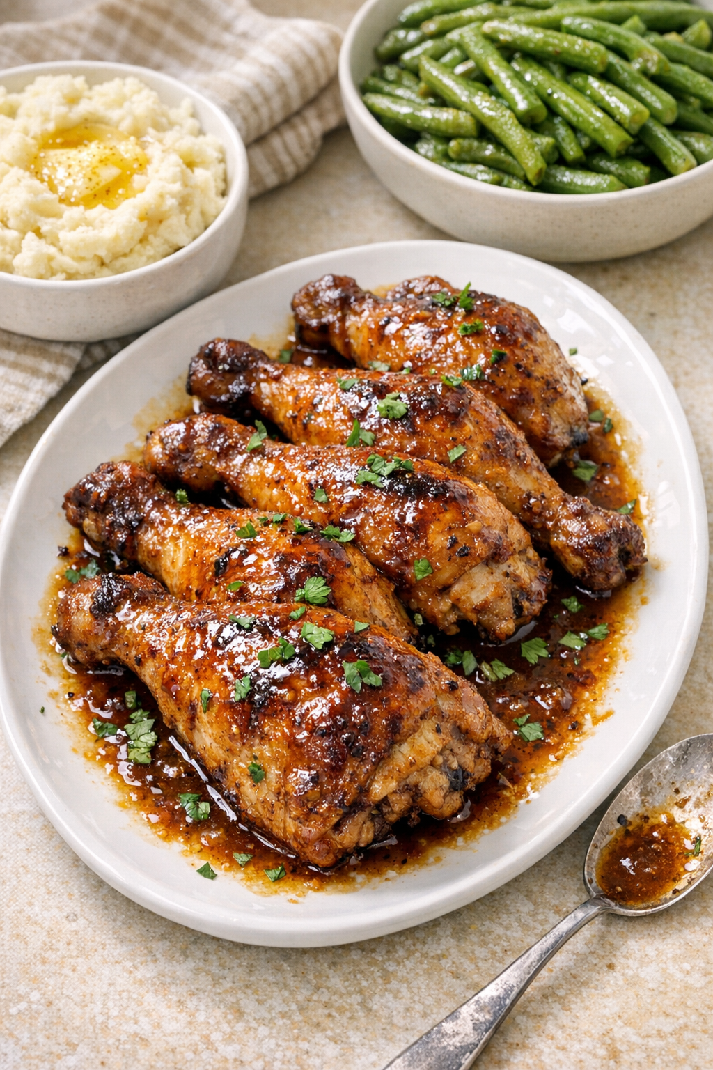 Finished baked chicken legs on a platter