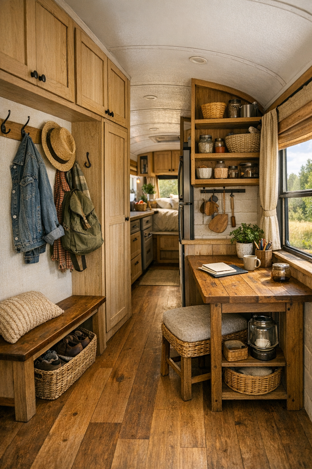 Smart storage and hallway details inside a rustic converted bus